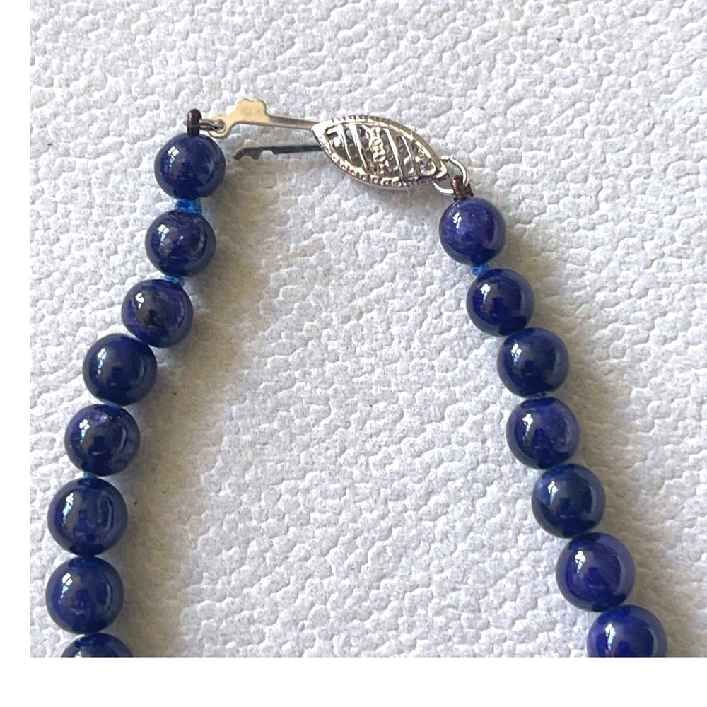 Vintage Lapis Lazuli Graduated Bead Necklace 14K White Gold Clasp 16" 39g - Picture 6 of 10